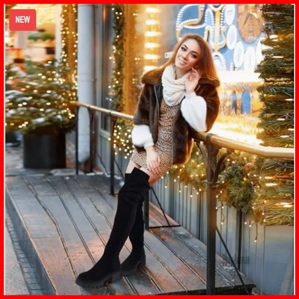 Women's Suede Over-the-Knee Boots Platform Chunky Heel Stretch Zip